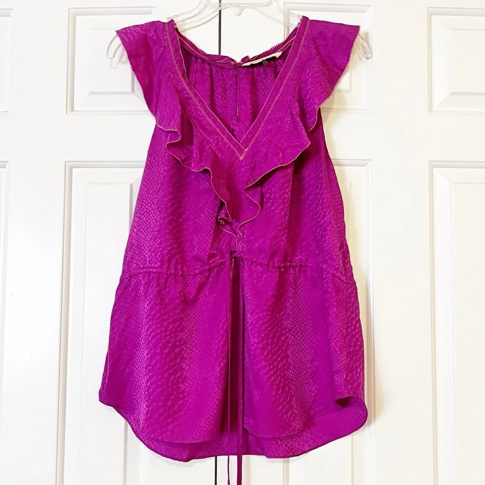 Rebecca Taylor sleeveless v-neck 100% silk flounce blouse w/ waist tie. Size 10 - Picture 8 of 16